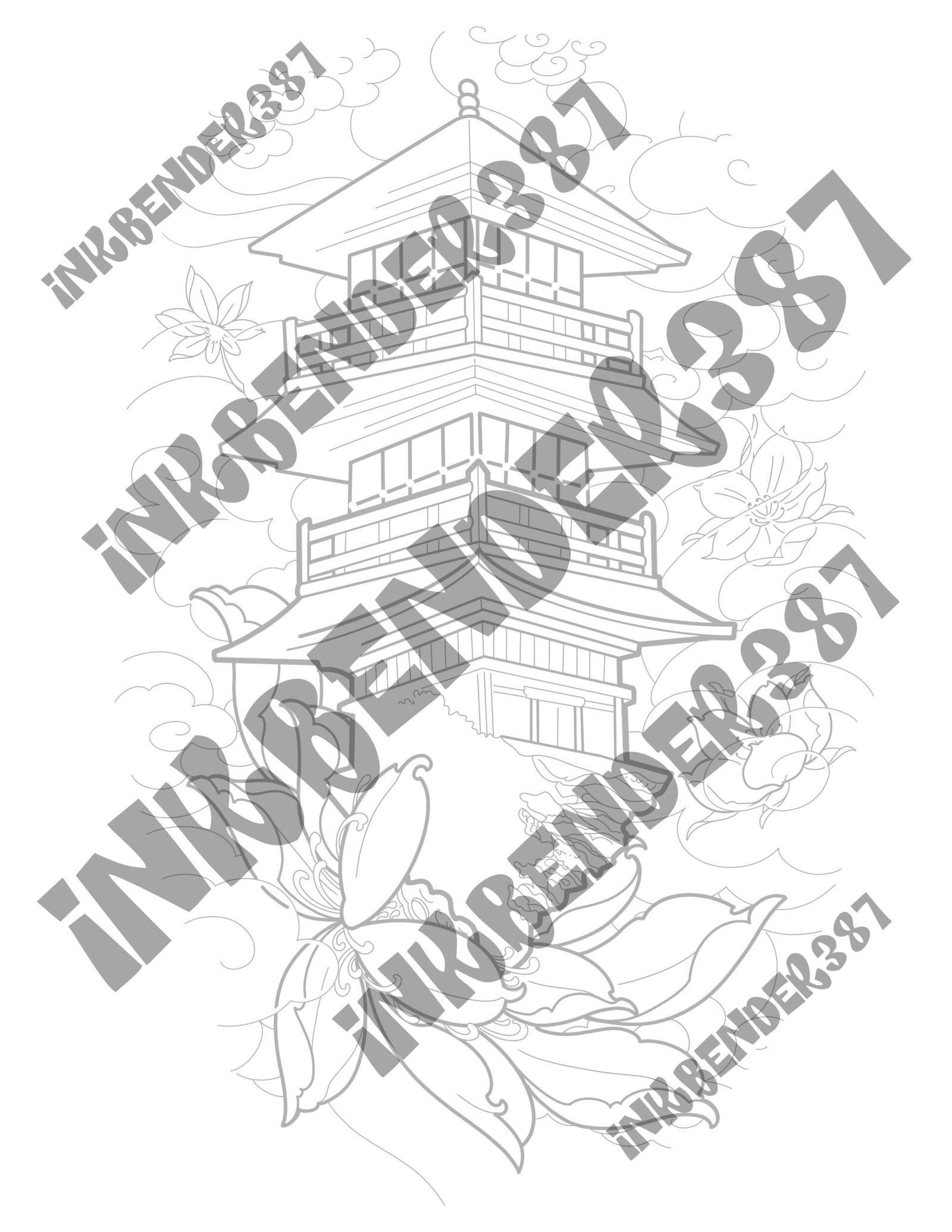 Pagoda Tattoo Stencil Design